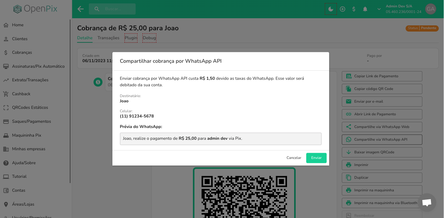 Cobrança com modal do envio de WhatsApp